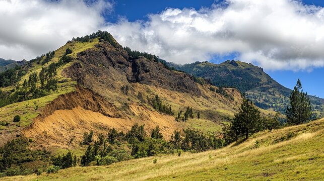 Exposed mountain slopes show severe soil erosion and scarring caused by deforestation with grassy fields and scattered trees below under a cloudy sky