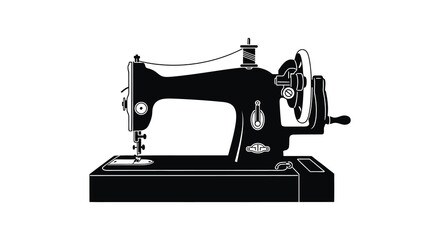 A stark black silhouette depicts a vintage sewing machine highlighting its classic form and mechanical functionality high quality