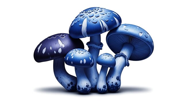 A cluster of vibrant blue mushrooms with intricate details and textures.