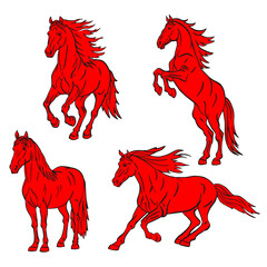 Set of red horses with different positions. Hand drawn illustration.