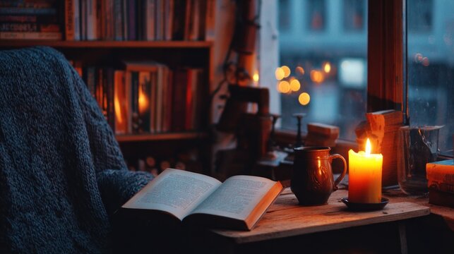 Cozy Candlelit Study Scene with Open Book and Warm Glow.