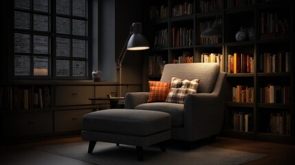 Cozy dimly lit reading nook with chaise lounge and bookshelves.