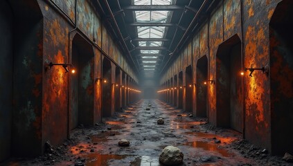 Fototapeta premium Dark and Mysterious Tunnel with Arches and Dim Lighting Long Perspective.