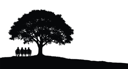 People sitting on a bench under a tree in a serene landscape