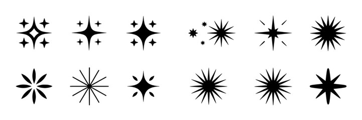 Star shapes set with various designs and black lines on white background, vector graphics featuring starbursts, illustration, graphic resources with decorative elements and design assets elements,