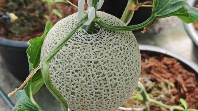 Green melon plants are growing in the greenhouse