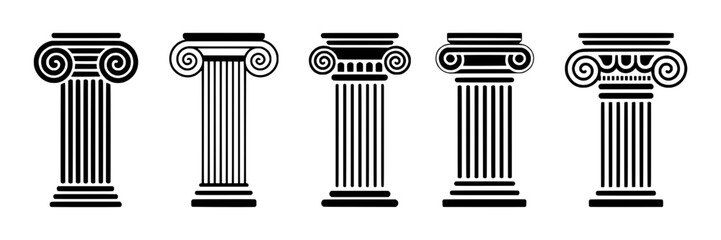 Columns ancient Greek set with scroll capitals and fluted shafts featuring black and white, vector, illustration with classical architecture and historical elements for monuments, buildings projects,