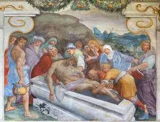Fotobehang Jezus Christus Perugia - The fresco burial of Jesus as part of Cross way station in the church Chiesa di Santa Maria di Monteluce with the frescoes by local manierism autor (1602- 1697).  © Renáta Sedmáková