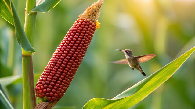 Red Corn Cob on Plant with Hummingbird in Lush Farm Setting