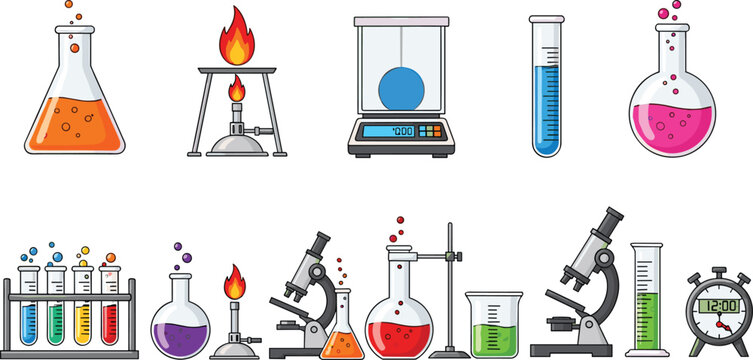 Flat Vector Illustration Set of Laboratory Equipment Including Microscopes Bunsen Burners Beakers and Test Tubes for Science Education Chemistry Research and Biotech School Project Background