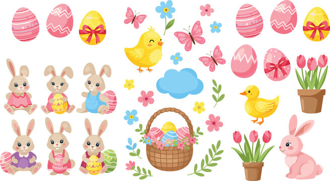 Cute Easter bunny chicks eggs and spring flowers vector cartoon set festive holiday illustration collection