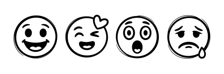 Obraz premium Emojis face icon set with smiling, laughing wink, surprised and sad expressions in black outline doodle style for chat reactions, stickers, UI badges and social media