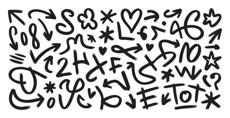 Chaotic collection of graffiti doodles including arrows stars letters and hearts in street art style
