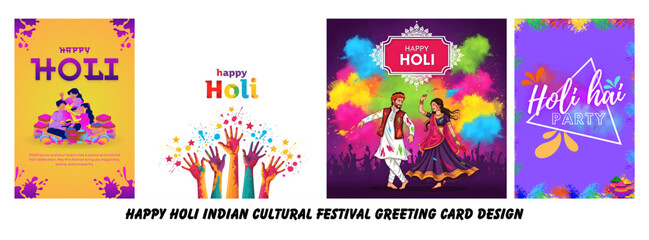 Vibrant Holi Celebration Posters Featuring Colorful Designs, People Playing, and Festive Greetings for a Joyful Festival