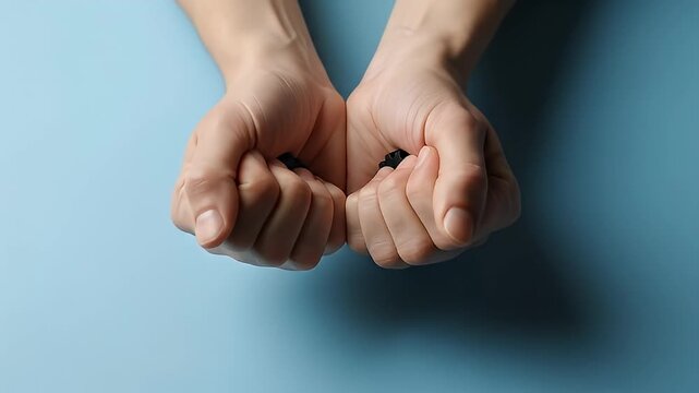 Hands holding small dark objects against a blue background.