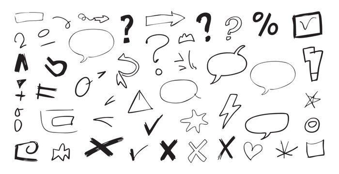 Set of hand drawn sketch signs and symbol doodle arrows, question marks, speech bubbles, checkmarks, hearts