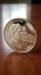 Coin with woman and building design.