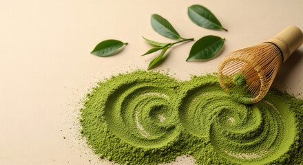 Soft matcha green tea powder texture on neutral background