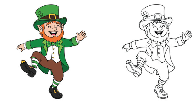 Happy dancing Leprechaun character vector. St. Patrick's Day mascot. Colored and outline illustration for coloring book page.