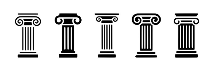 Columns classical icon set with five black pillar silhouettes in different styles, ancient Greek and Roman architecture elements for logo, UI, infographic, and signage