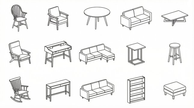 Outlined grid of fifteen diverse furniture icons, chairs, tables, sofas, desks, framed in squares, minimalist black line art on white background.