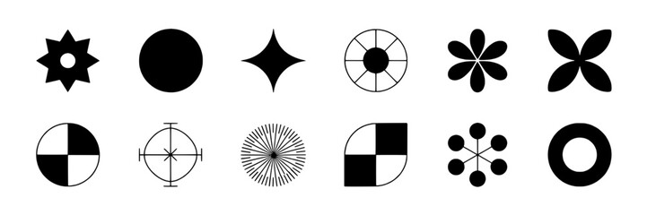 Symbols geometric set with black and white abstract designs and patterns featuring icons, shapes, vector with minimalist and modern elements for art, decoration projects, clean composition on simple