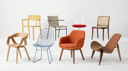 Fototapeta premium Minimalist display of eight diverse chairs in two rows, varied materials and colors, clean white background, modern furniture showcase aesthetic.
