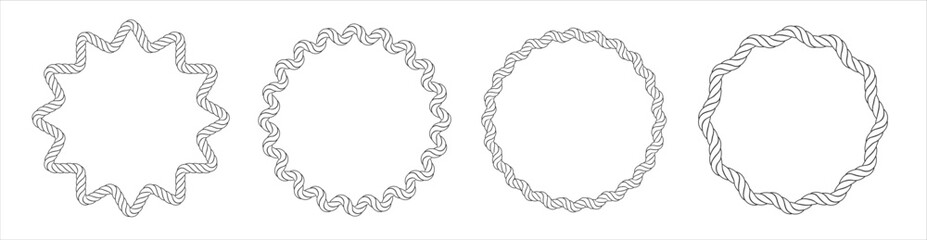 Obraz premium Nautical rope frames and borders in various shapes. Vector set includes circular, oval, and rectangular rope patterns. Marine-themed design elements for logos and decorative graphics.