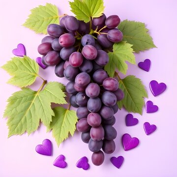 Bunch of grapes with leaves and hearts on purple background.