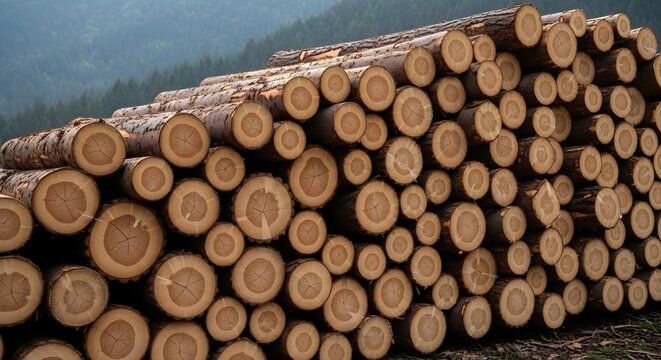 Stack of Wooden Logs from Deforestation in the Forest