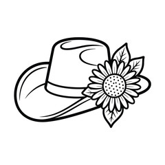 A black and white illustration of a cowboy hat with a sunflower