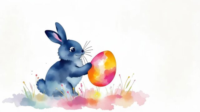 Colorful watercolor bunny with easter egg and floral background