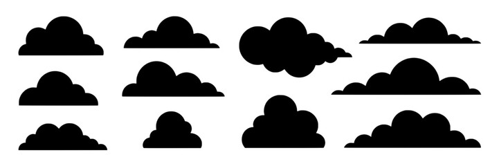 Fototapeta premium Clouds silhouette set with various shapes and sizes, black vector illustration featuring silhouettes, weather, sky with collection and graphic resources elements, clean composition on simple