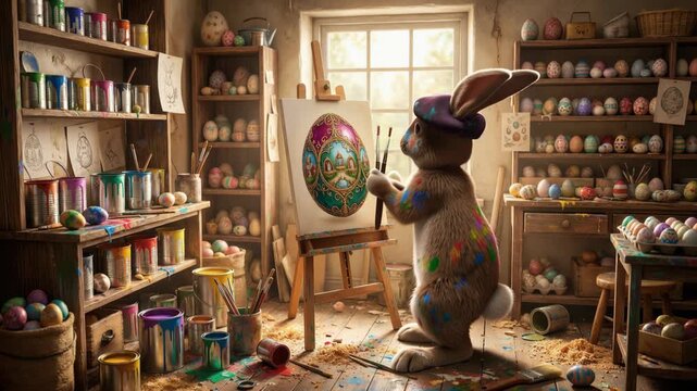 Creative easter bunny painting in a sunlit studio filled with colorful eggs