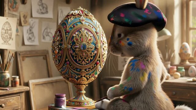 Artistic rabbit painting intricate easter egg in cozy workshop