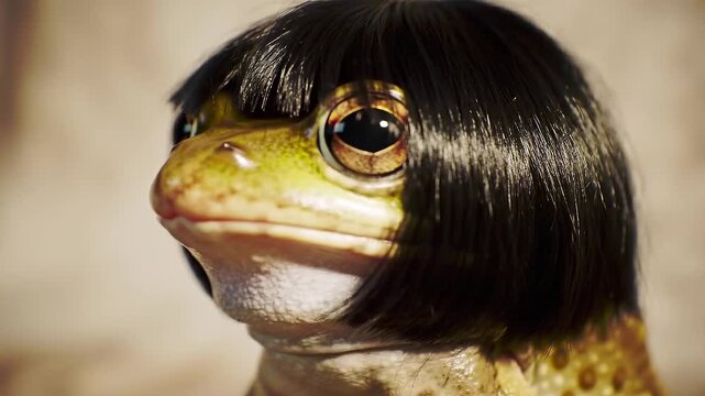 Frog Wearing Wig with Stylish Haircut.