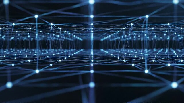 Futuristic digital network grid with glowing blue data nodes.