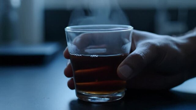 Close-up of a hand gently holding a steaming glass of hot tea, offering warmth and comfort in a subdued setting