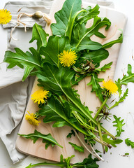 Świeży mniszek lekarski na desce do krojenia &ndash; jadalne zioła, roślina lecznicza, kuchnia sezonowa i naturalne składniki.