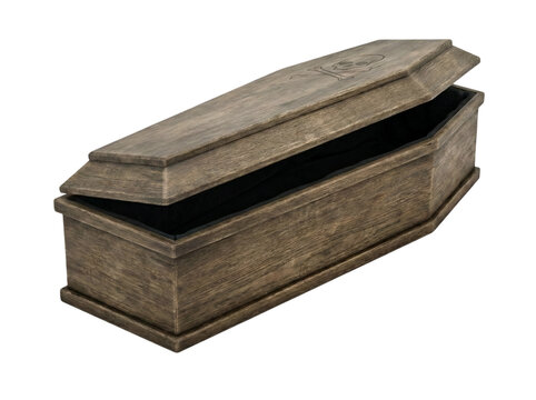 Open Wooden Coffin with Skull Emblem Isolated on Transparent Background