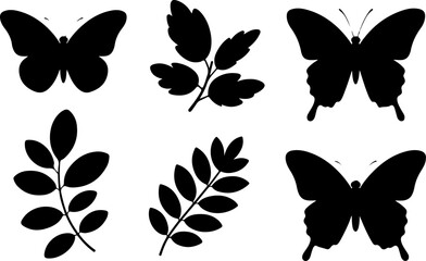 Fototapeta premium Butterfly and Tropical Leaf Silhouette Bundle – Botanical Black Vector SVG Set