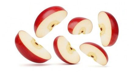 Fresh apple slices arranged in a circular pattern on white background