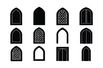 A collection of traditional Islamic mosque window and door shapes in silhouettes, Ideal for Ramadan Kareem banners, posters, invitations and designs. islamic mosque window and door icon set. EPS 10. 