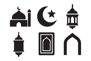 Obraz premium silhouette of a mosque dome with crescent moon on top symbol of islamic architecture and culture. Islamic Moon And Islamic Shape For Ramadan Set Icon. Islamic Moon and Star Icon. 