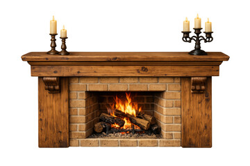 Fototapeta premium Cozy fireplace with burning logs and warm candles, casting light from a rustic wood and brick hearth on transparent background