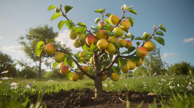 Apricot tree growing rapidly from soil in sunny meadow. Time-lapse video of fruit development on small sapling.
