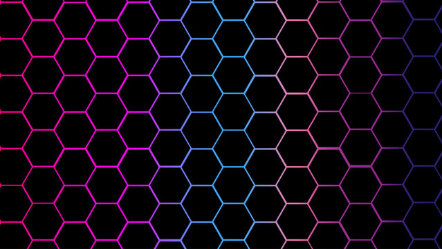 Neon hexagon honeycomb background with glowing pink blue gradient outlines on black, futuristic geometric tech pattern for cyber, gaming, modern digital design.