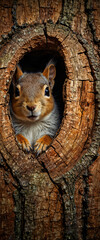 Curious Squirrel Peeking from Tree Hole A Colorful Airbrushed Illustration of a Gentle Squirrel Rest
