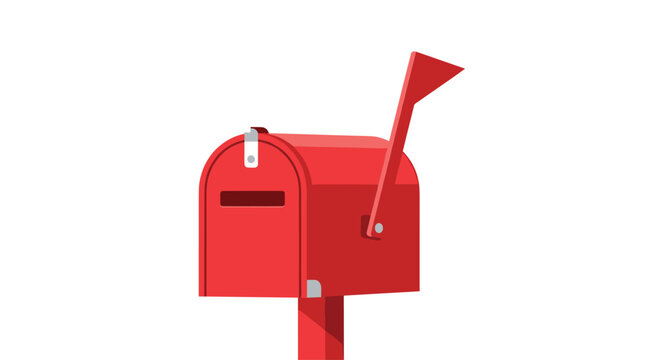 Classic red American-style mailbox with its flag raised, indicating outgoing mail or recent delivery, isolated on white.