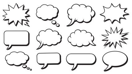 Fototapeta premium Black-and-white comic-style speech and thought bubbles in various shapes including bursts, clouds, ovals, and rectangles.